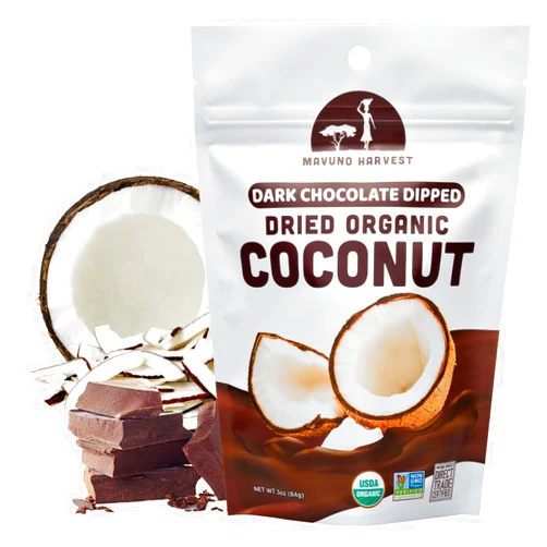 Mavuno Harvest Organic Chocolate Covered Coconut - Organic Dried Coconut Dipped in Dark Chocolate - Non GMO, Preservative Free, Fair Trade & Vegan Chocolate Treats - Healthy Chocolate Snacks - 1lb Bag