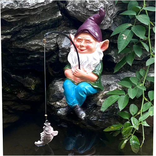 GARDEN WHISPER Garden Gnome Pond Statue Decoration, Fishing Gnome Garden Statue Outdoor Koi Pond or Waterfall Decor, 9.7