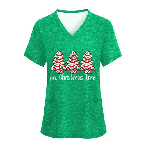 LOMON V Neck Print Scrub Tops for Women Short Sleeve Scrub Shirts Stretchy Holiday Nurse Uniform with 2 Pockets