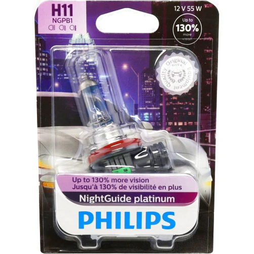 Philips Automotive Lighting H11 NightGuide Platinum Upgrade Automotive Replacement Headlight Bulb with up to 130% More Vision, for High Beam, Low Beam, and Fog Positions (Pack of 1)
