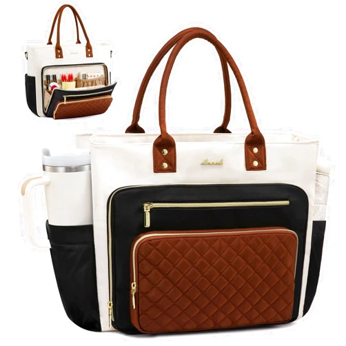 LOVEVOOK Teacher Tote Bag for Women Work, Laptop Bag With Large Cup Holder, Nurse Bags Professional Briefcase Business Computer Purses Handbag, Black-Beige-Brown, 15.6 Inch