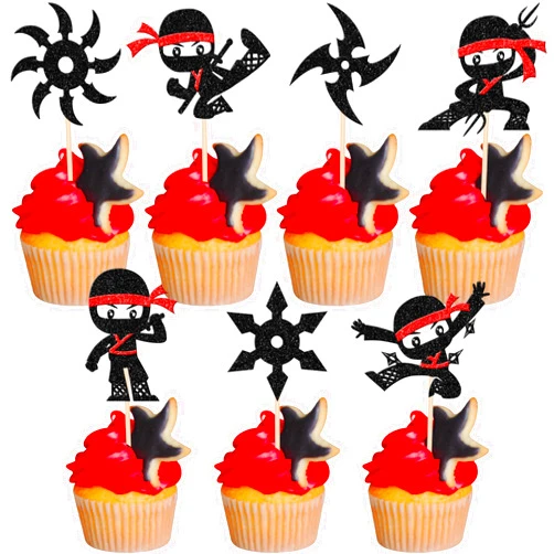 ZHUOWEISM 28 PCS Ninja Cupcake Toppers Glitter Darts Martial Arts Karate Kung Fu Warriors Cupcake Picks for Ninja Theme Baby Shower Kids Samurai Birthday Party Cake Decorations Supplies