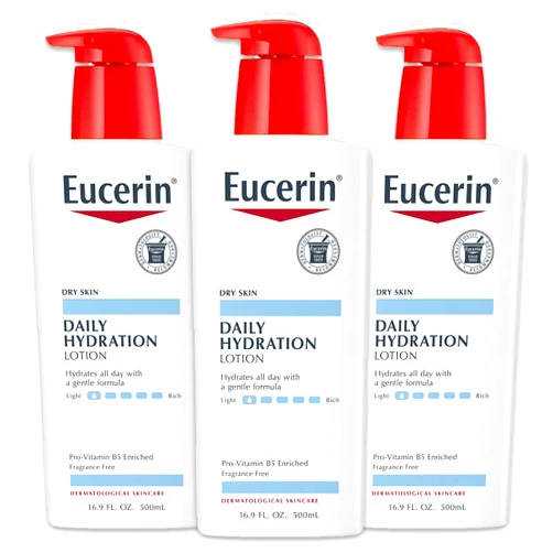 Eucerin Daily Hydration Body Lotion, Unscented Body Lotion for Sensitive Dry Skin, Holiday Gifts for Self Care, 16.9 Fl Oz Pump Bottles, Pack of 3