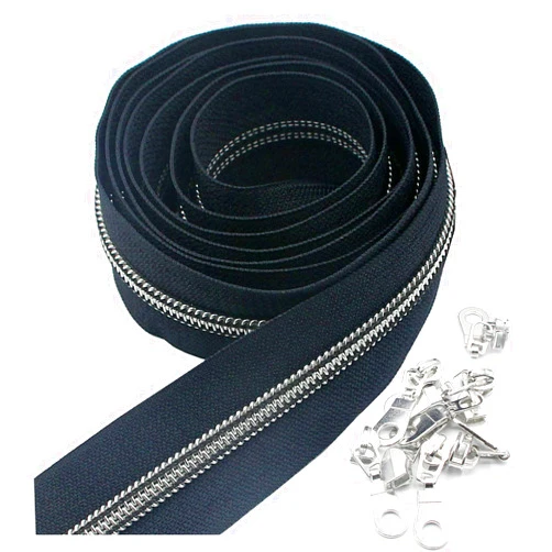 Leekayer #5 Silver Metallic Nylon Coil Zippers by The Yard Bulk 10 Yards Zipper Tape with 25pcs Silver Sliders for DIY Sewing Tailor Craft Bag (Navy Black)