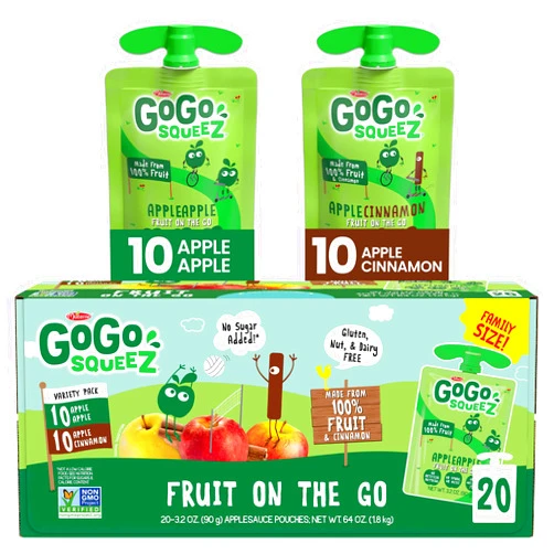 GoGo squeeZ Fruit on the Go Variety Pack, Apple & Cinnamon, 3.2 oz (Pack of 20), Unsweetened Fruit Snacks for Kids, Gluten & Nut Free and Dairy Free, Recloseable Cap, BPA Free Pouches