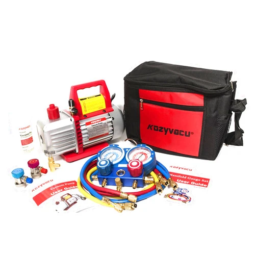 Kozyvacu AUTO AC Repair Complete Tool Kit - 1-Stage 3.5 CFM Vacuum Pump, HVAC Manifold Gauge Set, Hoses, and Accessories, Ideal for Mini Split, Automotive and Refrigeration Applications (KZTA35011)