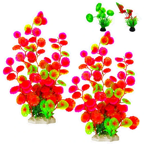 Hamiledyi 2 Pcs Large Aquarium Plants with 2 Pcs Small Artificial Seaweed Plants, 16 Inch High Artificial Plants Decoration, Fish Tank Decor Plastic Plants, Perfect for Aquarium Decor(Pink)
