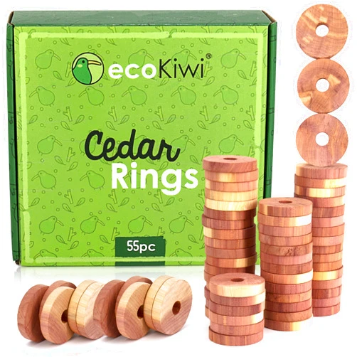 ecoKiwi Cedar Blocks for Clothes Storage - 55 Pack Cedar Rings - 100% Natural Aromatic Cedar for Closets & Drawers - Red Cedarwood Oil Scented Chips with Sandpaper - Cedar Planks Freshener Deodorizer