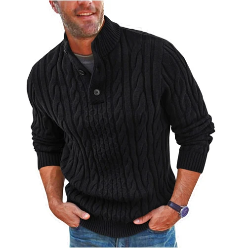 Beotyshow Mens Cable Knitted Pullover Sweaters Stand Collar Solid Twisted Thermal Sweaters with Button for Men