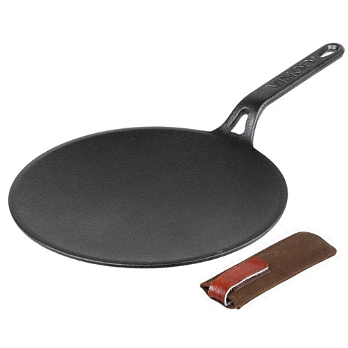Vinod Legacy Pre-Seasoned Cast Iron Pan, Dosa Pan, Flat Skillet Pan/Tawa, Crepe, Chapati, Roti, Dosa Tawa Tava with Safety Sleeve for Stay-Cool Handle - 30cm, Black (LEGACY-TAWA-30)