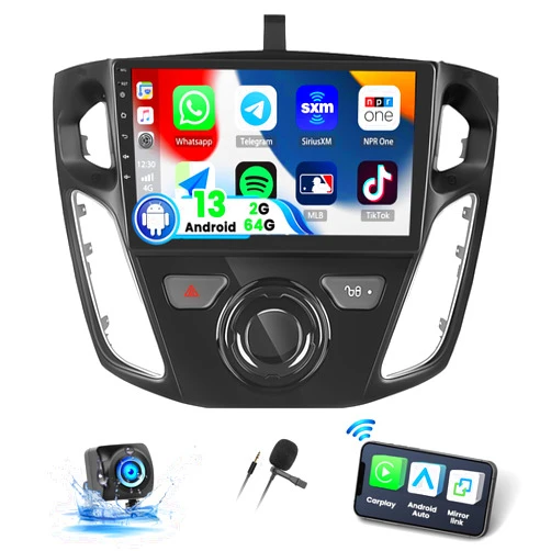 UNITOPSCI 2G+64G Android 13 Car Stereo for Ford Focus 2012-2018 Wireless Apple CarPlay & Android Auto GPS Navigation Bluetooth 9 Inch HD Touch Screen WiFi HiFi Audio FM SWC USB +AHD Backup Camera Mic