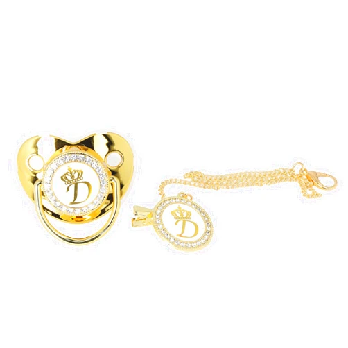 GLOGLOW Golden Letter Baby Pacifier, Personalized Bling Pacifier with Pacifier Clips and Anti-Dust Cover for Baby Shower Newborn Birthday Photography(Letter D)
