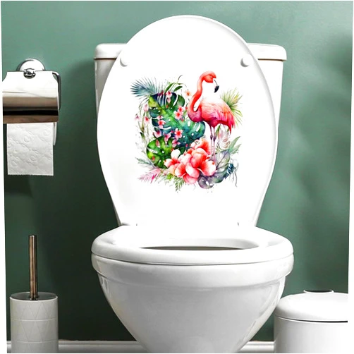 Heshengzaixian Flamingo Floral Toilet Lid Seat Cover Decal Sticker, Tropical Coquette Birds Plant Decor Vinyl Removable Waterproof Wallpaper Mural for Bathroom Bathtub Lavatory Washroom