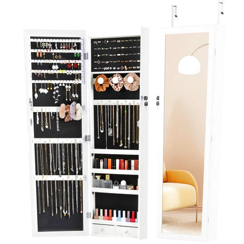 Sweetcrispy 6 LEDs Jewelry Cabinet Organizer, 47.2-inch Jewelry Armoire with Full-Length Mirror, Wall or Door Mounted Jewelry Storage, Lockable Large Capacity Storage,White