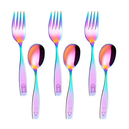 ANNOVA Kids Silverware Children's Safe Flatware Set Stainless Steel - Children Forks And Dinner Spoons, Toddler Utensils, Metal Cutlery Set for LunchBox (Engraved Dog Bunny) (UV Rainbow, 6 Pieces)