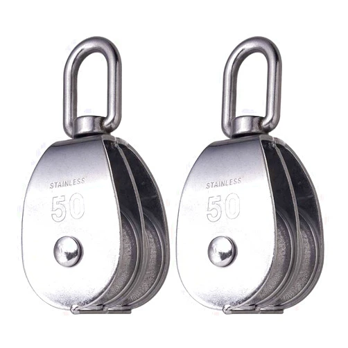 Rocaris 2 Pack M50 Lifting Double Pulley Block 304 Stainless Steel Crane Swivel Hook Double Pulley Roller Loading