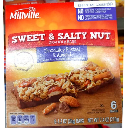 Millville granola bars sweet & salty nut Chocolate pretzel & almond, dipped in a chocolate flavored coatong,100% whole grain 7.4oz(1.2oz x 6bars), pack of 1