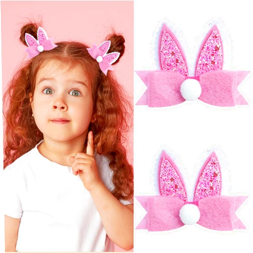 QDTK 2Pcs Easter Hair Clips Glitter Bunny Ear Bow Hair Pins Cute Rabbit Ear Shape Alligator Hair Barrettes Pink Hairgrips for Toddlers Girls Kids Easter Holiday Party Hair Accessories