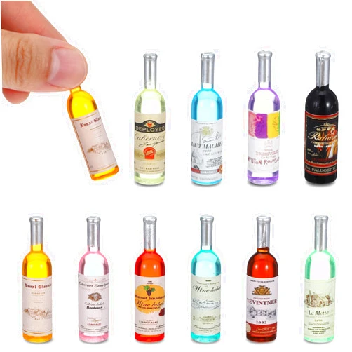 LLOUSSAK 10 Pcs 1:12 Scale Mini Wine Bottles Cake Toppers Wine Drinks Decoration Beer Glass Model Mini House Drink Accessories for Dollhouse Miniature Bottles Cake Decorations