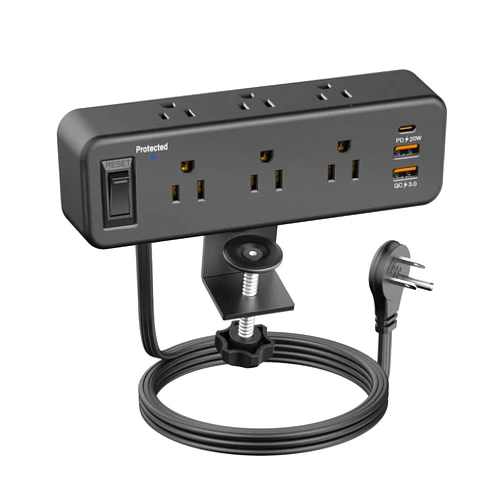 PAEWOK Desk Clamp Power Strip with PD 20W USB C, Desktop Edge Mount Surge Protector with 6 Outlet, Table Edge Socket with Switch, 6 ft Flat Plug Slim Extension Cord, Fit 1.8 inch Tabletop Thick