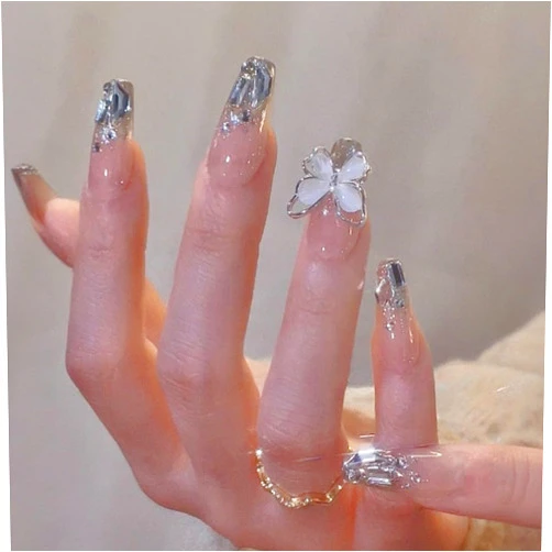 ZMRZ Press-On Nails, Medium Length Translucent False Nails with Diamonds, Inlaid with Butterfly and Diamonds, Suitable for Individuality Exquisite Girls and Women False Nails 24pcs (With Tool Kit)