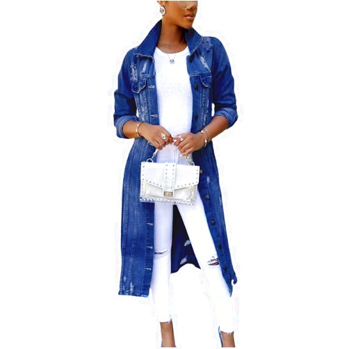 chouyatou Women's Distressed Hole Over Knee Midi Long Denim Jacket Trench Coat
