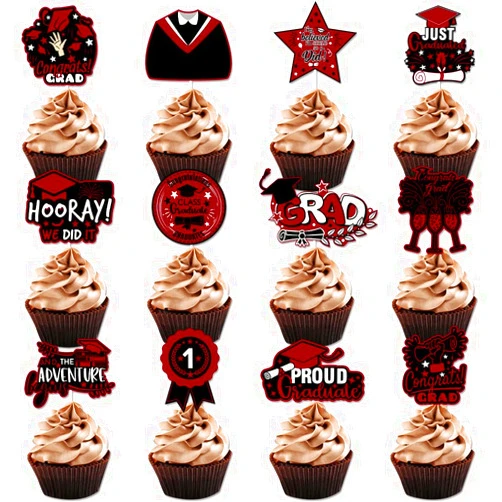 VCGUDOE 24PCS Class of 2024 Graduation Cupcake Toppers Party Decorations 2024 Congrats Grad Graduation Cupcake Toppers 2024 Rose Red Graduation Decorations