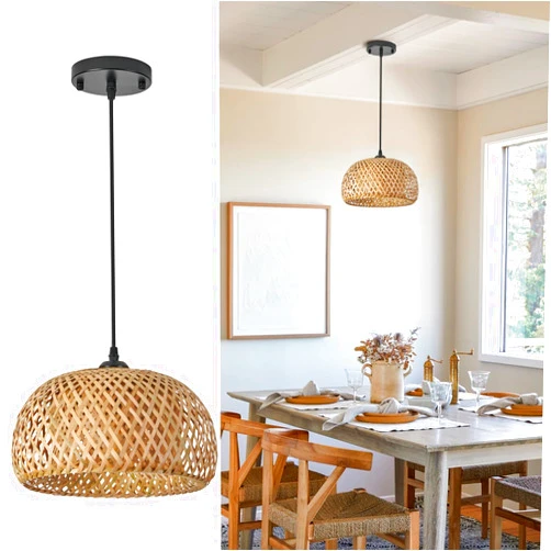 TERLEENART Bamboo Pendant Light,1pcs Boho Round Basket Chandelier Handmade Woven Pendant Light, Natural Bamboo Rattan Hanging Chandelier for Kitchen Island Dining Room Living Room Porch