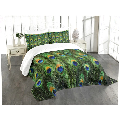 Ambesonne Peacock Bedspread Set, Peacock Tail Feathers Tropical Exotic Animals Close-up Picture Art, 3 Piece Decorative Bedding Coverlet and 2 Pillow Shams, Queen Size, Green Mustard Navy