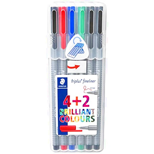 OLLIEBOLLIE Staedtler Triplus Fineliner 0.3mm Porous Point Pen, Metal Clad Tip, Set of 6, Assorted Colors (334 SB6P4)