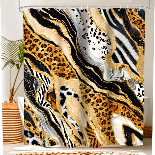 LIGHTINHOME Zebra Leopard Print Marble Shower Curtain 60Wx72H Inches Abstract Animal Print Fluid Modern Luxury Texture Minimalist Cloth Fabric Waterproof Polyester Bathroom Home Decor Set with Hooks