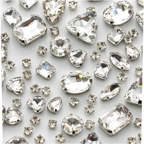 TANOSII Sew on Rhinestones 100 PCS Mixed Shapes Glass Rhinestones Sew on Crystal Gems Mental Flatback with Silver Claw for Jewelry Crafts Clothes Shoes Costume Garment White