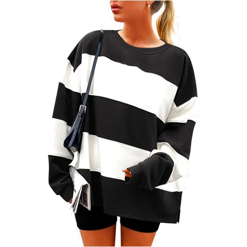 ZESICA Women's Fall Sweatshirt Tops Crewneck Long Sleeve Loose Oversized Striped Fleece Pullover 2025 Clothes