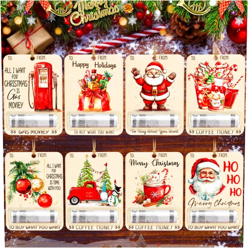 YSURE 8 PCS Handcrafted Wooden Money Holders gift for Cash Check Chapstick lip balm Christmas Money Holders for Cash Unique with Plastic Domes Cover and Double-Sided Adhesive for Ornaments Decoration