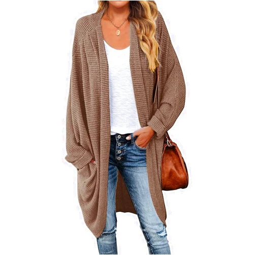 MEROKEETY Women's 2024 Fall Waffle Knit Batwing Long Sleeve Cardigan Loose Open Front Sweater Coat