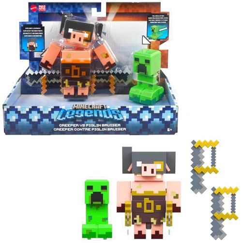 Mattel Minecraft Legends Action Figure 2-Pack, Creeper vs Piglin Bruiser Set, Attack & React Collectible Toys, 3.25-inch