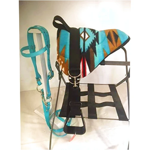 Party Ponies Miniature Horse/SM Pony Childrens Bareback Saddle Set Turquoise RAINDANCE SW, Upgraded Cinch, Complete Bridle with Free BIT (Snaffle Style Varies)