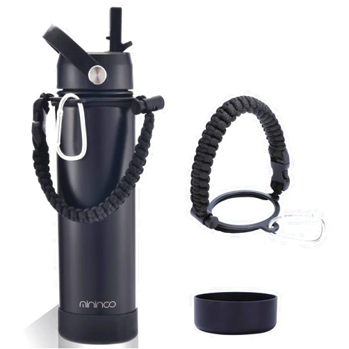 mininoo 24 oz Insulated Water Bottle with Straw, Vacuum Stainless Steel Water Bottles with Handle, Leak Proof Metal Sport Water Bottle with Lid, Midnight Black