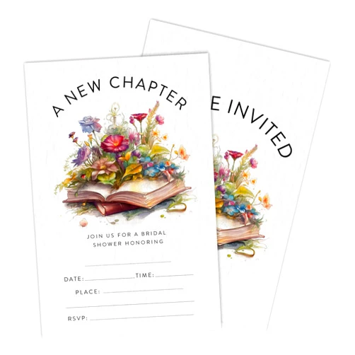 Luixd Bridal Shower Invitations - A New Chapter - 25 Watercolor Floral & Books fill in Invites With Envelopes, Invitations For Newlyweds，Bridal Shower, Party Favor & Supplies-B09