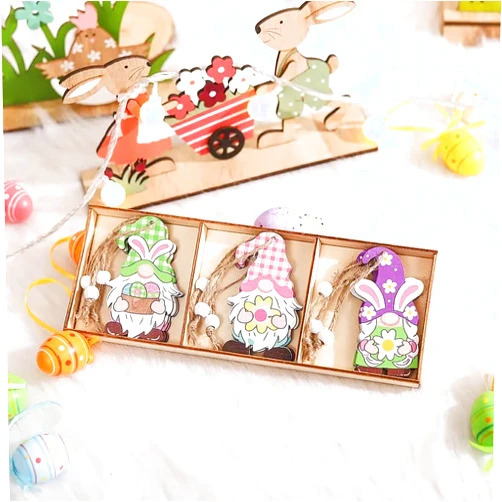 7Rivers Easter Decorations Creative Painted Wooden Car Rabbit Pendant Home Decoration Ornaments Easter Pendant (Green Purple Pink)