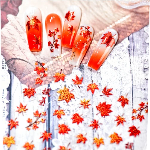 SHUXILIN 1 Sheet 5D Embossed Autumn Maple Leaves Nail Stickers for Nail Art Thanksgiving Day Nail Art Stickers Fall Nail Decals Red Glitter Maple Leaf Nails Design Nails Decoration DIY for Women Nail Supplies