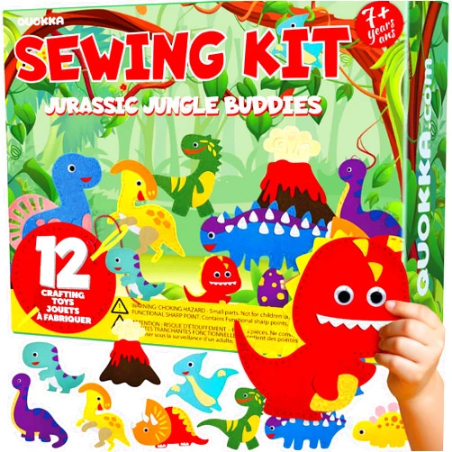 QUOKKA Kids Crafts Ages 4-8, DIY Beginner Needle and Thread Kit - 12 Wild Dino Sewing Kit Basic - Fun Arts Crafts for Kids Ages 6-8 Girls Boys - Plastic Needles, Scissors - 6+ Year Old Girl Gifts
