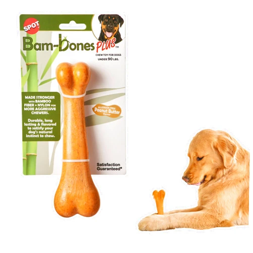 SPOT Bam-Bones Plus Dino Bone - Bamboo Fiber & Nylon, Durable Long Lasting Dog Chew for Aggressive Chewers – Great Toy for Dogs Under 90lbs, Non-Splintering, 7.25in Peanut Butter Flavor Allergen Free
