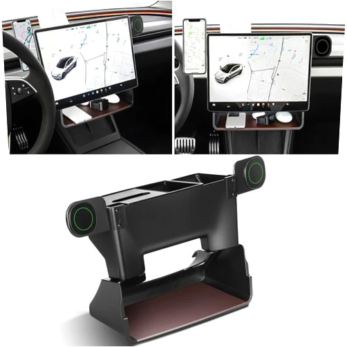 Neurora Tesla Center Console Organizer for Model Y Model 3 with Magnetic Cell Phone Holder,Buckle Under Screen Storage Box Dashboard Organizer Tissue Holder for 2024-2017 Model Y Model 3 Accessories.