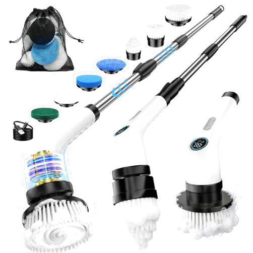EYEFEAT Electric Spin Scrubber, Rechargeable with Upgraded Battery & Extended Runtime, IPX7 Cleaning Brush, 3000mAh Battery 7 Brush Heads 2-Speed Adjustable Long Handle for Bathroom & Tile Floor Cleaning