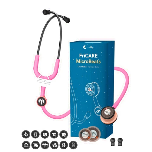FriCARE Pink Lightweight Stethoscope for Nurses, EMT - Dual Head Nursing Stethoscopes for Home - FSA/HSA Eligible, MicroBeats Harmony with 12 Zodiac Tags, Rose Gold Chestpiece, 31.5''
