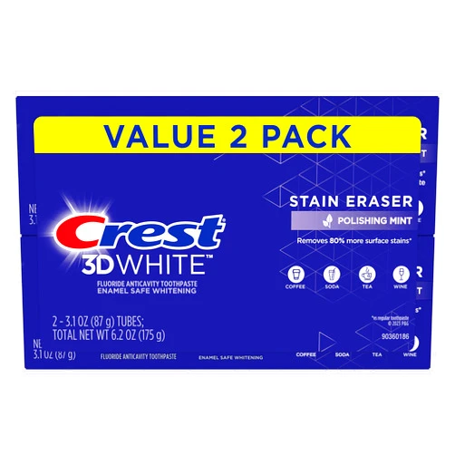 Crest 3D White Stain Eraser Teeth Whitening Toothpaste, Polishing Mint, 3.1 oz, Pack of 2