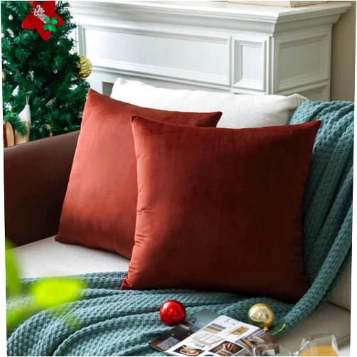 Colormz Set of 2 Rust Colored Solid Velvet Throw Pillow Covers, Cozy Soft Accent Pillow Cases for Sofa Couch Bed and Living Room - 18