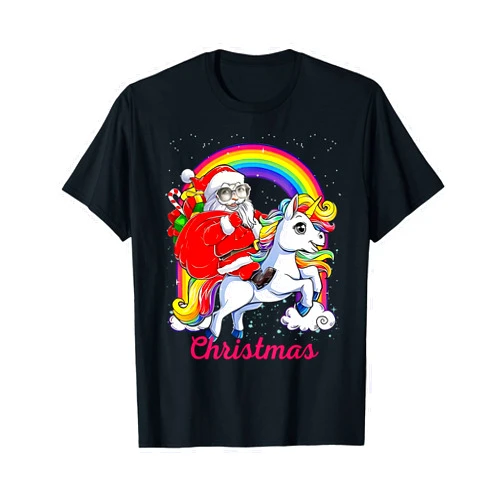 Funny Design Merry Christmas Memories Apparel Santa Claus Riding a Unicorn Ugly Christmas Girls Women T-Shirt