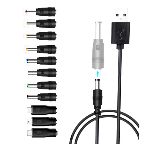 FIKDCMJ 5V USB to DC Power Cable,Universal 5V DC 1.5M Charging Cable Power Cord with 11 Interchangeable Plugs Connectors Adapter for Webcam Router, Power Bank, Toy, Recorder, Bluetooth Speaker, USB-HUB etc.
